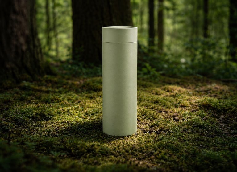 Sage green biodegradable cremation scatter tube for ashes standing on a mossy forest floor.