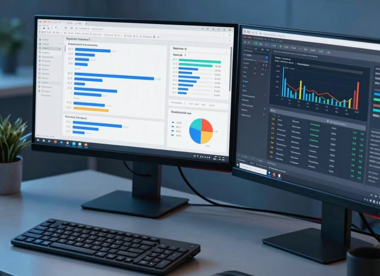 A high-end photograph of a professional digital marketing workspace with a triple-monitor setup showing search analytics and ad managers. The lighting is cool blue and very modern.