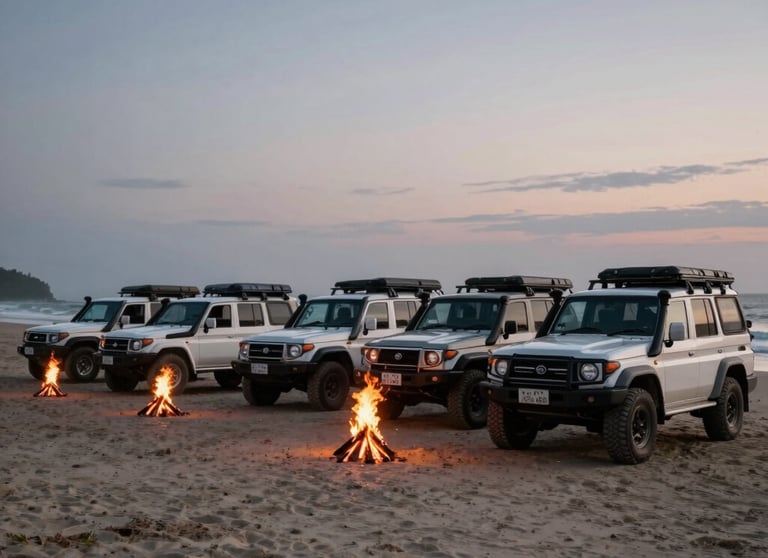 A cinematic shot of a fleet of 4WD vehicles parked on a beach at dusk, with small campfires starting to glow. The scene represents a coordinated brand expedition.