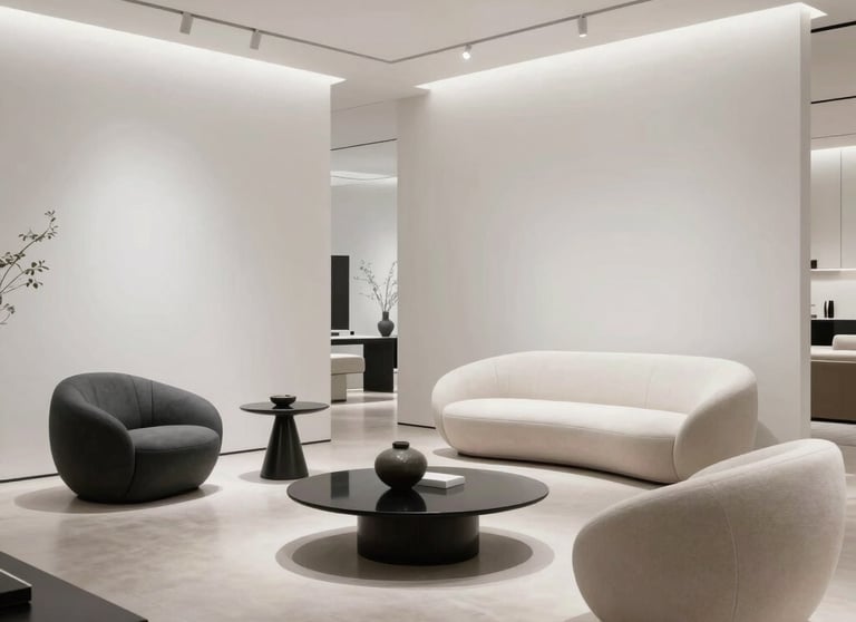 Elegant photography of a high-end designer showroom in a North American city, featuring minimalist white walls and futuristic furniture.