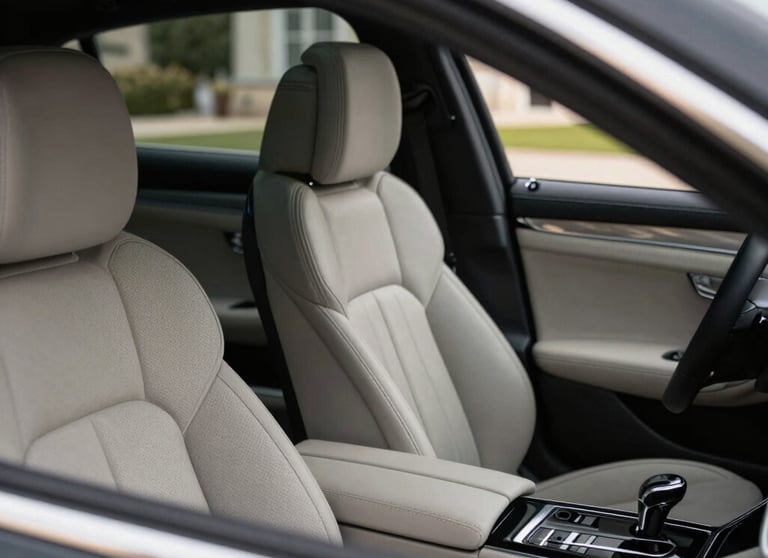 A luxury car interior featuring fine leather and polished accents, seen through an open window in French / Charente-Maritime.