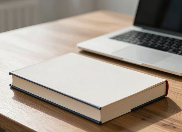 An elegant photo of a hardback book sitting on a wooden desk next to a modern silver laptop in a bright office.