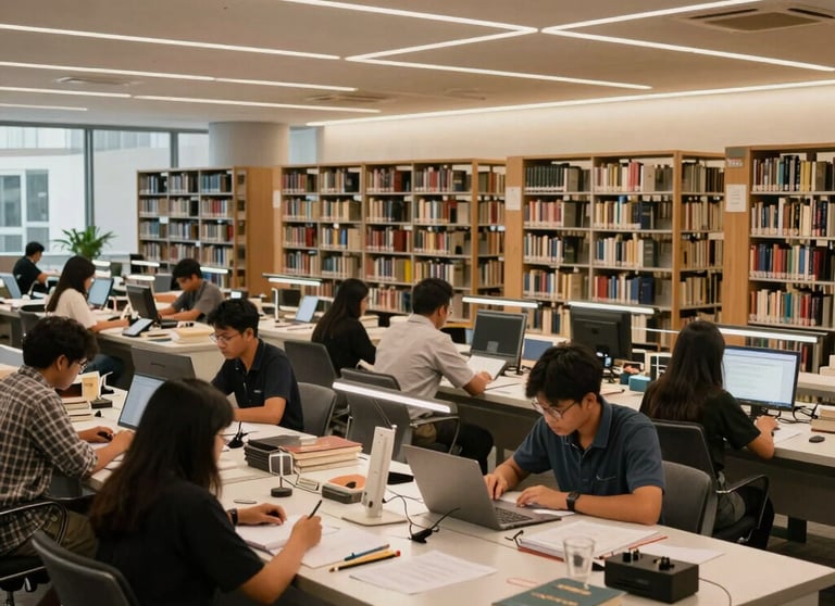 A modern engineering library with books, drafting tables, and several students studying quietly, soft warm lighting, Southeast Asian / Indonesian context.