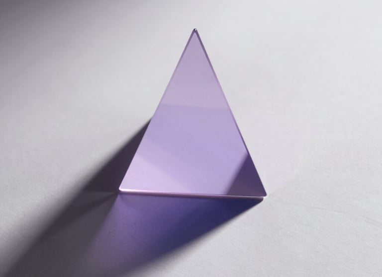 A conceptual photo of light reflecting off a prism, casting lavender and navy shadows across a clean ghost white wall.