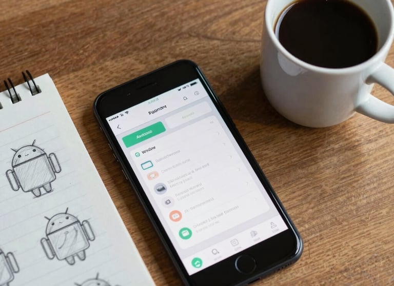 A top-down view of an Android phone and a cup of coffee on a wooden desk, with a notepad containing rough sketches of an app interface. Global / Western.