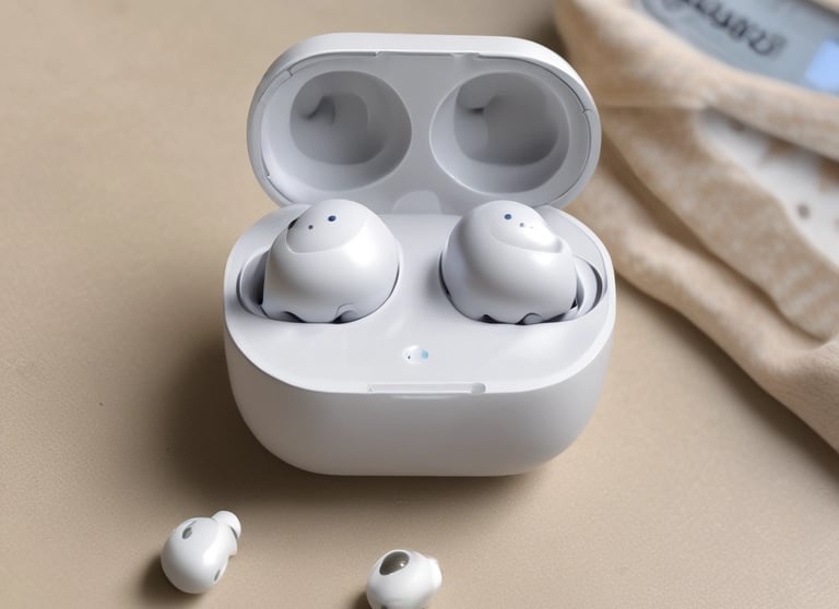 A pair of wireless earbuds resting on a wooden table with charging case.