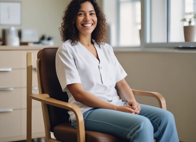 A caring doctor consulting with a female patient in a bright, welcoming clinic room.