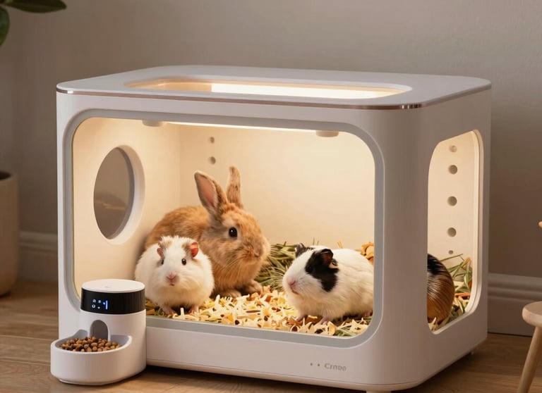 Smart indoor habitat for small pets featuring a rabbit and guinea pigs with an automatic feeder.