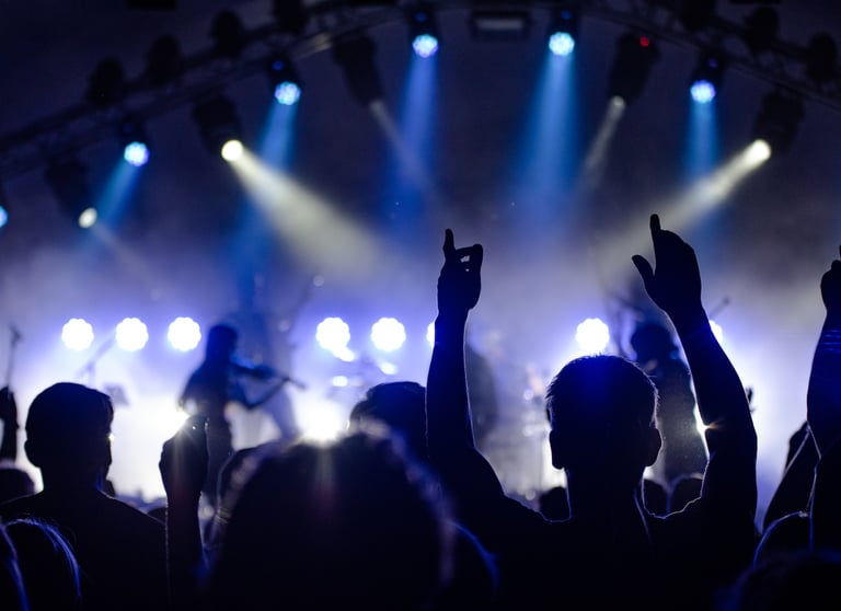 a person holding up their hands in front of a stage