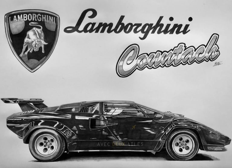 Dessin d’une Lamborghini Countach réalisé par l’artiste Alain Mitildjan
