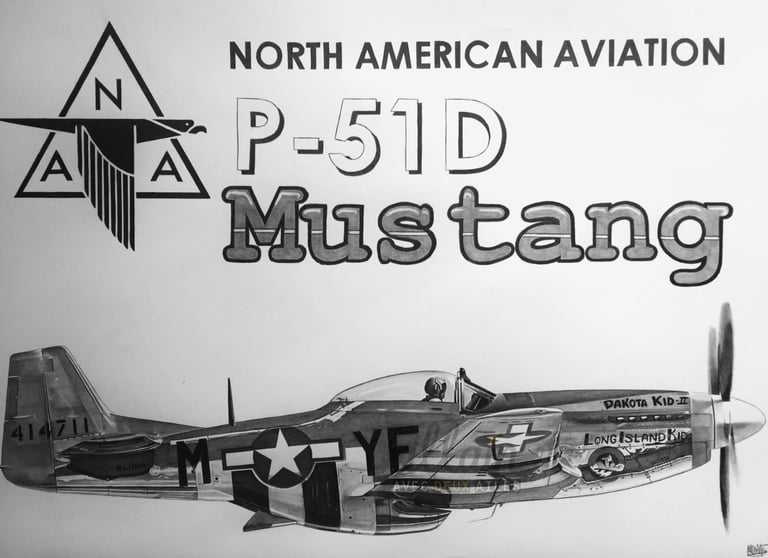 Dessin d’un avion P-51D Mustang réalisé par l’artiste Alain Mitildjan