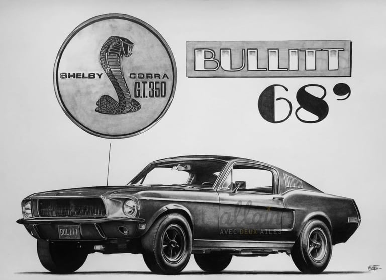 Dessin d’une voiture Shelby GT350 réalisé par l’artiste Alain Mitildjan