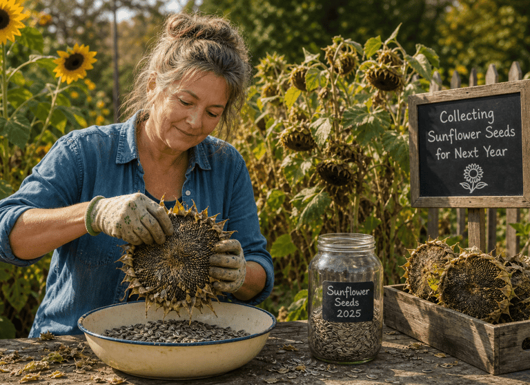 collecting sunflower seeds for next year