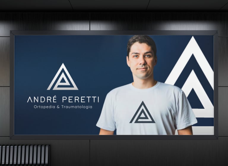 Painel azul com logotipo triangular, nome André Peretti e texto “Ortopedia & Traumatologia”.
