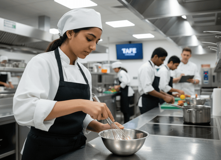 A Pakistani student in a practical training, reflecting a TAFE or college environment.