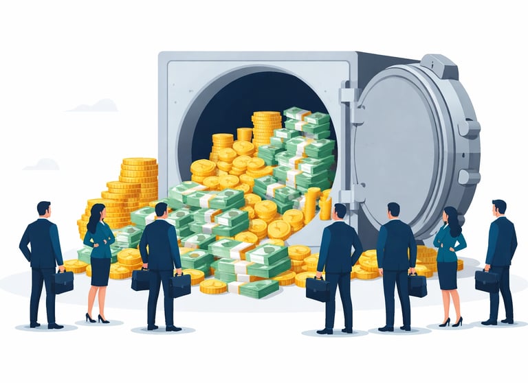 Infographic showing stacked coins and capital symbols representing private equity dry powder accumul