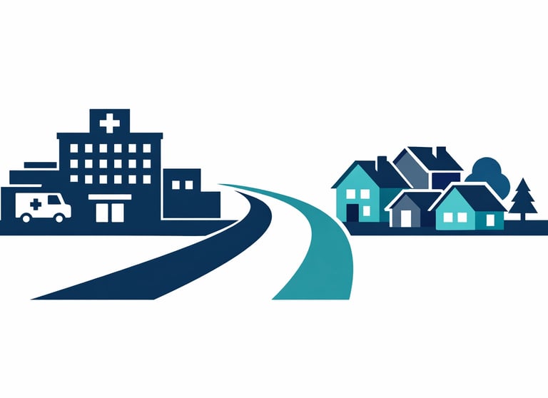 A professional healthcare setting showing a strategic meeting about hospital divestitures and home h