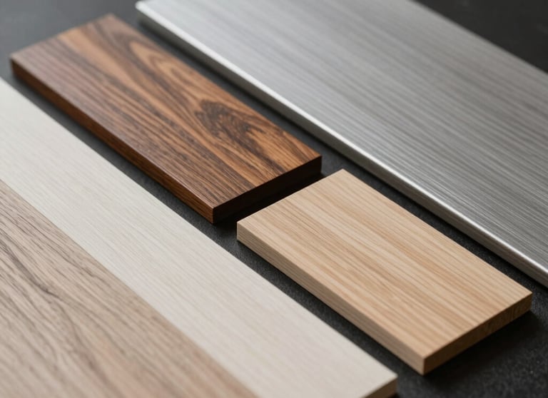 A close up of various wood veneer samples in bronze brown, silver gray, and bone white, laid out on a charcoal black table.