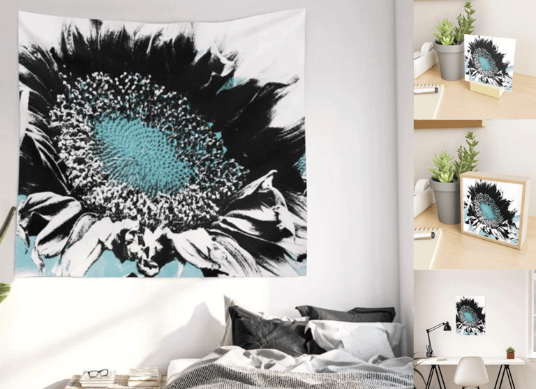 Main image wall tapestry Sunflower design, to right small art prints with sunflower design 
