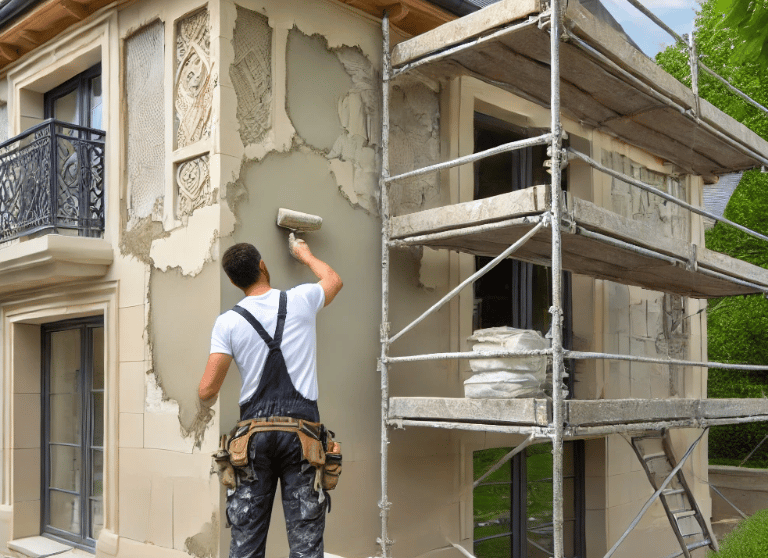 Professionnel réalisant un ravalement de façade en appliquant une nouvelle couche sur un mur