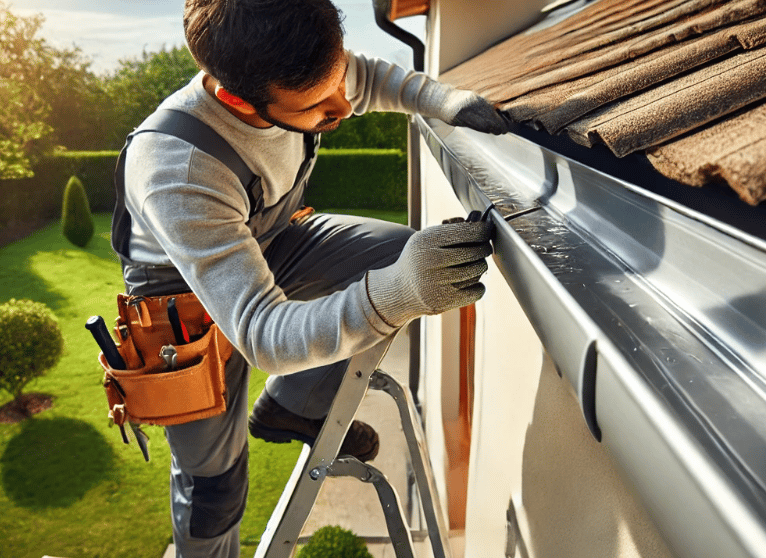 Professionnel réparant une gouttière en ajustant une section sur une échelle le long du toit.