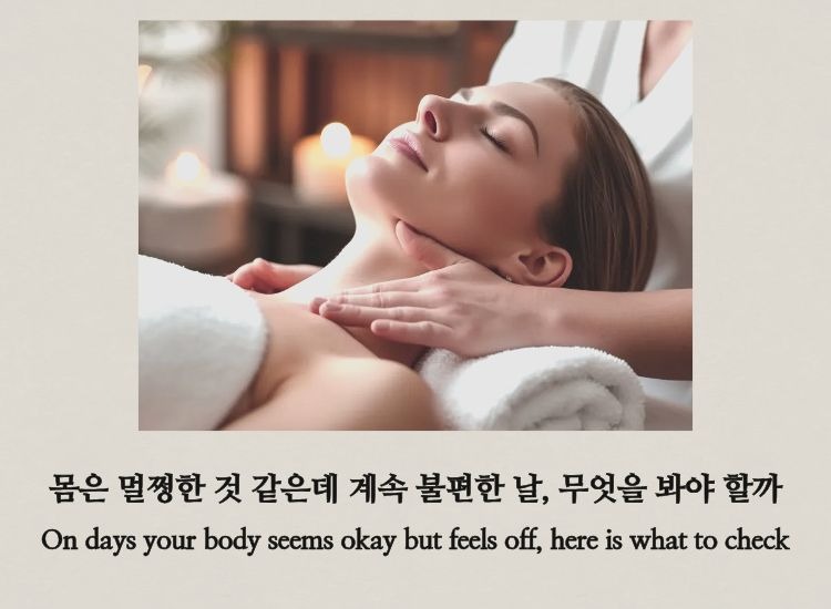 목과 쇄골 주변 관리를 받고 있는 여성의 모습으로, 몸은 괜찮아 보여도 계속 불편한 날 무엇을 점검해야 하는지를 표현한 이미지