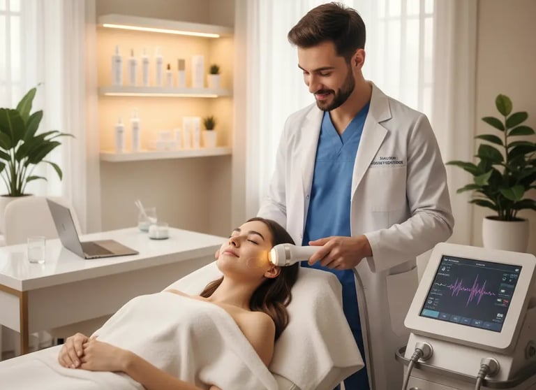 un medico in uno studio medico che esegue un trattamento di radiofrequenza su di una paziente