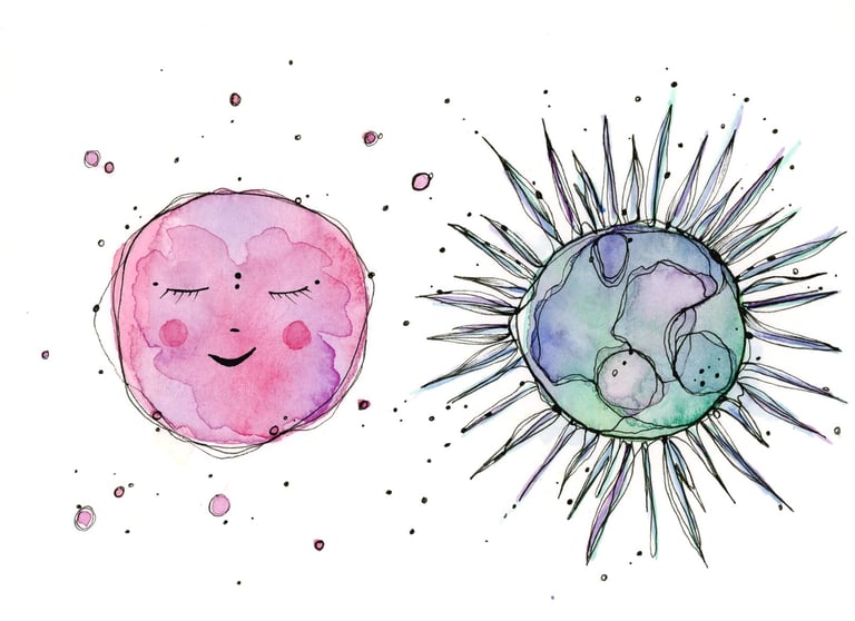 lune et soleil à l'aquarelle version abstraite