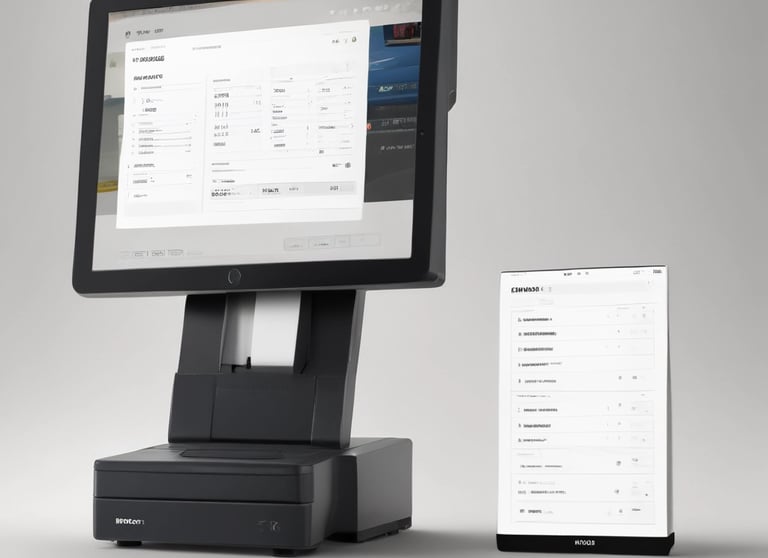 A laptop displaying coding software rests on a desk illuminated by a soft blue light. In the background, a cityscape is visible through a large window, with buildings lit up against the night sky. The scene is calm and focused, emphasizing a workspace oriented towards programming.