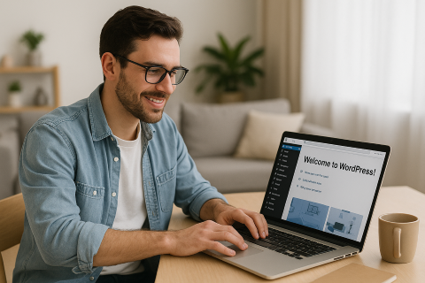 a man sitting at a table with a laptop computer