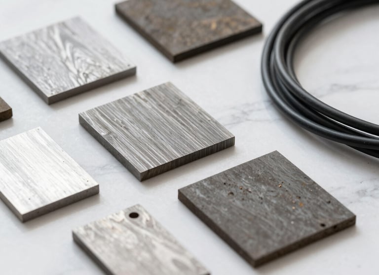A collection of industrial material samples, including specialized steel alloys and cables, presented on a white marble surface.