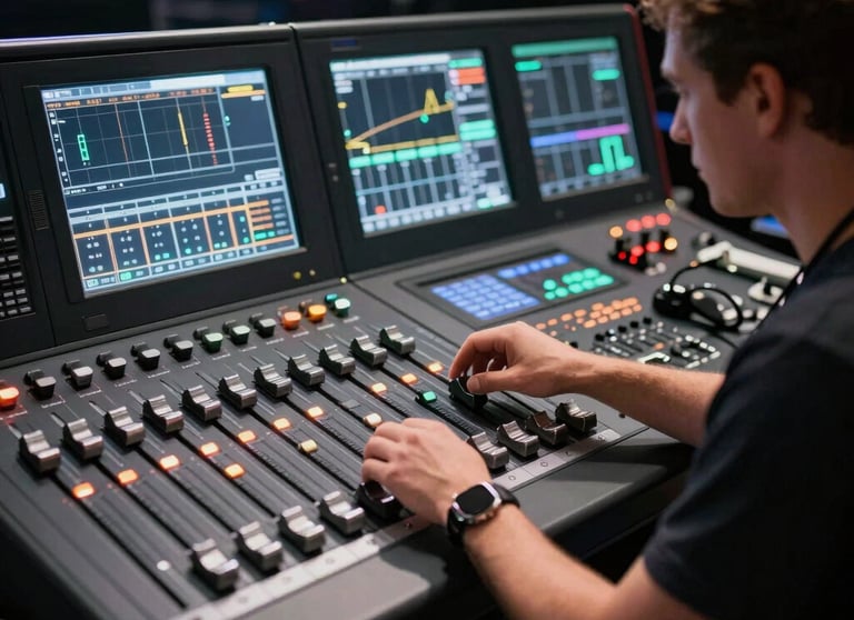 A professional stage lighting designer working at a high-tech control wing with touchscreens and motorized faders.