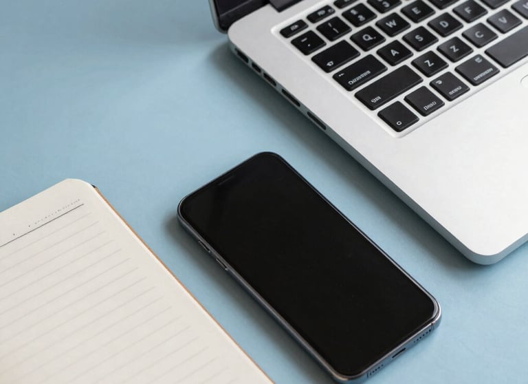 Clean, flat-lay photography of a laptop, a notebook, and a smartphone on a light blue desk. Professional and organized aesthetic.