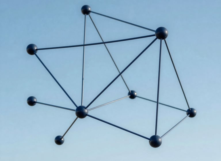 Abstract and elegant visualization of digital connections and network nodes in Sky Blue and Dark Navy tones. Modern tech art.