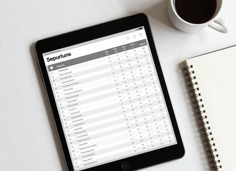 Professional flat lay of a tablet showing a structured data table next to a coffee cup and a clean notebook, pearl white background.