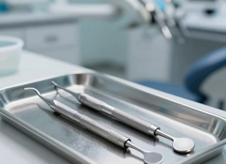 A close-up of a high-end dental tool on a clean, professional tray. The background is a modern North American dental office with soft lighting and professional blue tones.