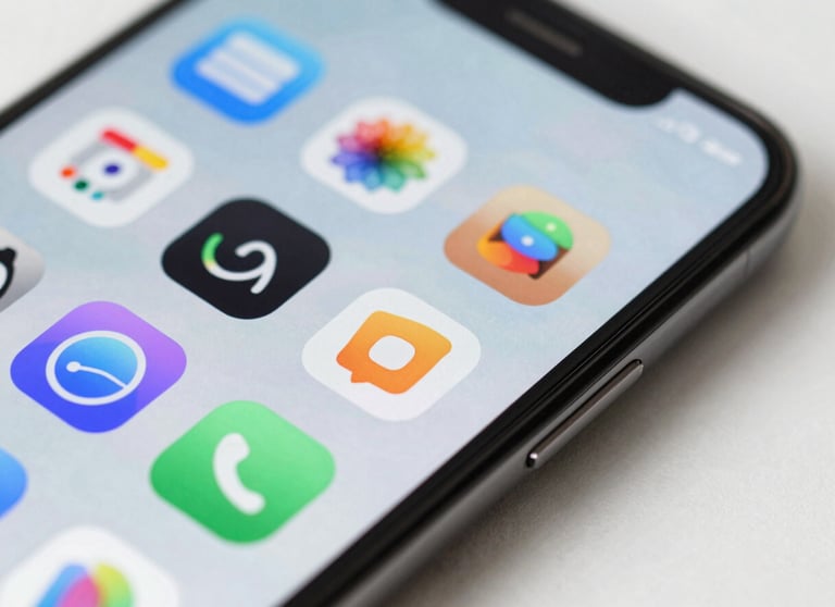 A close-up of a high-resolution smartphone display showing vibrant, modern app icons. The image is bright and professional.