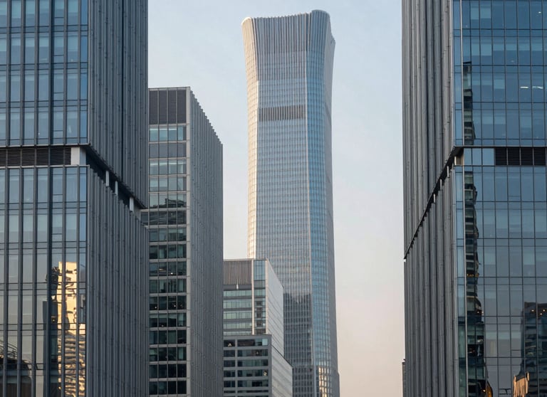 A serene morning view of an international business district with modern glass buildings reflecting the light. Steel blue and light grey tones.