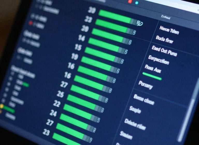 A close-up of a high-tech screen showing a dashboard with various metrics and green progress bars. The lighting is tech-forward with an indigo hue.