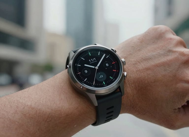 Close-up of a high-tech smart watch on a wrist, displaying a minimalist data-driven dashboard, in a modern Gulf urban setting.