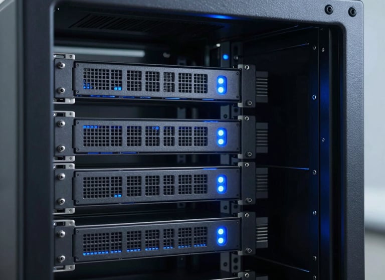A sleek, dark photography showing the internal components of a server rack glowing with soft blue lights, symbolizing power and reliability.