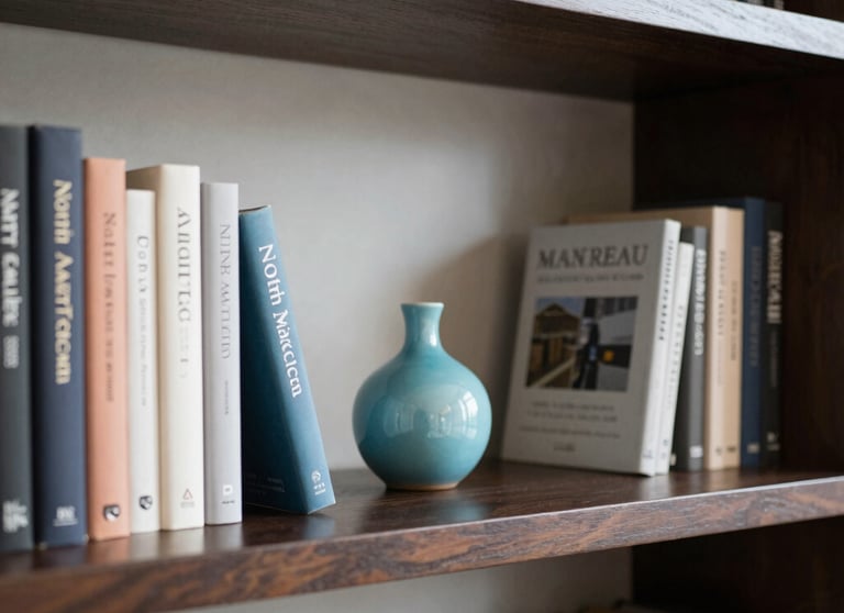 A small turquoise ceramic vase sits on a dark wooden bookshelf surrounded by hardcover books.