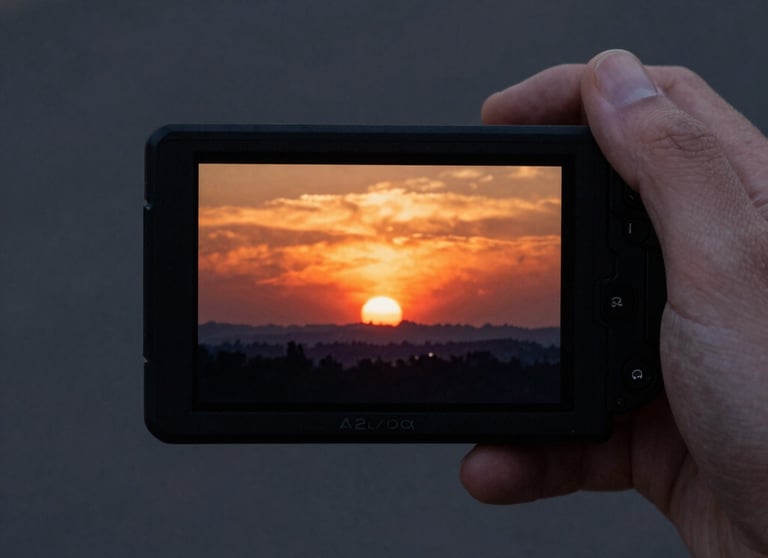 A hand-held professional video monitor showing a vibrant sunset scene being filmed. Dark grays and warm oranges.