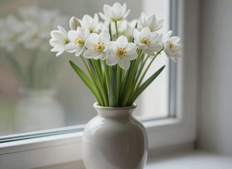 A soft focus image of white Nordic flowers in a ceramic vase on a windowsill, symbolizing purity and new beginnings.