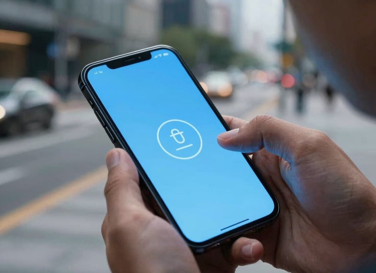 A photograph of a person using a high-tech interface on a smartphone in a modern urban North American setting. The screen glow is sky blue, matching the brand colors.