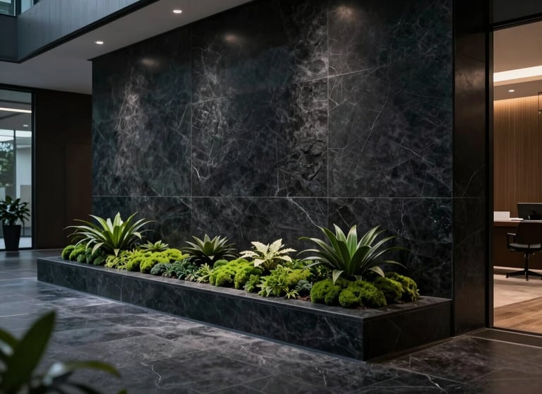 Clean, minimal dark corporate office lobby in South America at night, focus on black stone textures and dark moss green plants, sophisticated aura.
