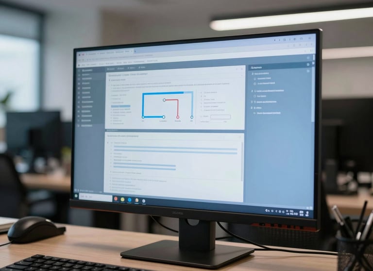 Clean, modern workplace in Bogotá with a focus on a large monitor showing professional layouts in sky blue tones. Professional lighting.