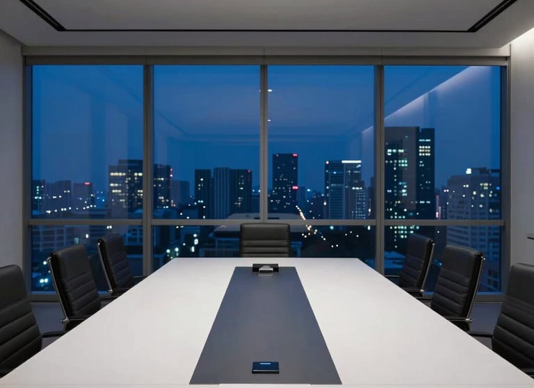 Minimalist photography of a modern Indonesian boardroom at night. Skyline view, blue-tinted windows, and a sleek long table with high-end tech integrated. Authority and prestige.