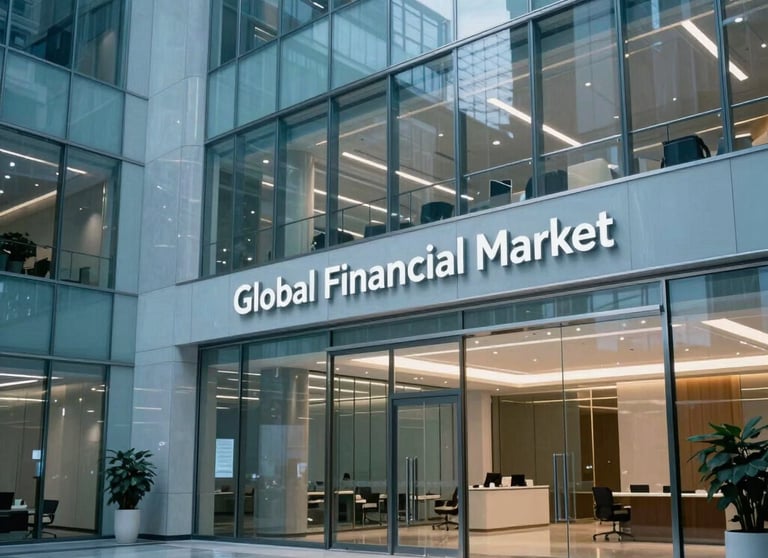 A sharp, professional photograph of a high-tech office lobby with clean glass surfaces and soft, elegant blue lighting. North American / Global Financial Market.