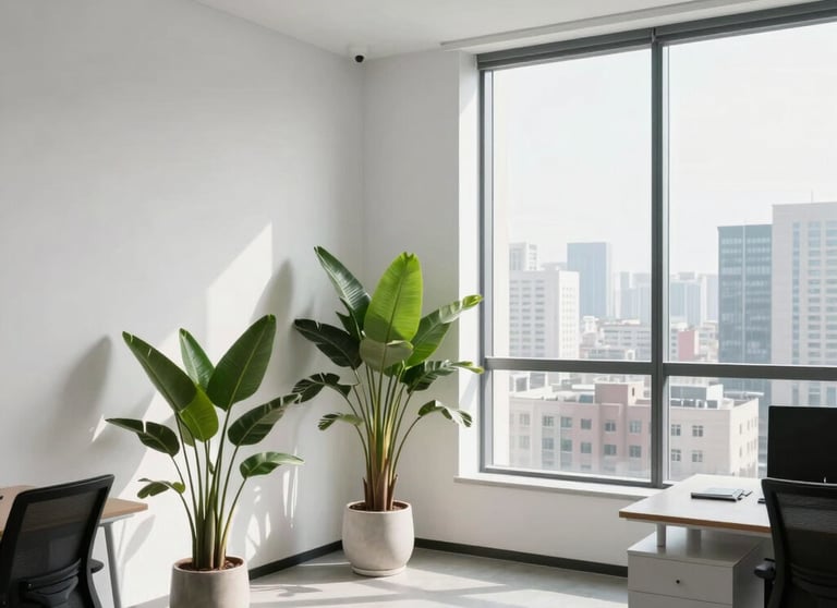 A stylish, modern minimalist office interior with white walls, a few green plants, and a large window looking out onto a bright city scene.